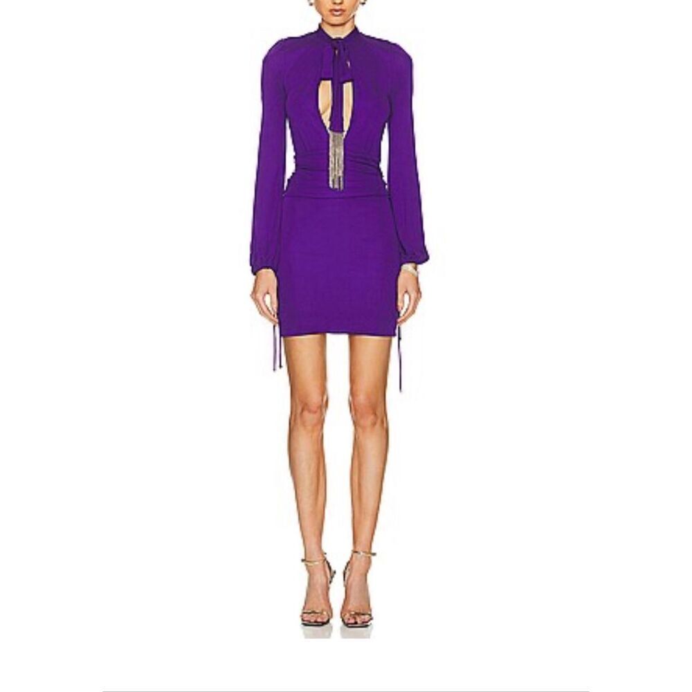 Vintage Gucci Long Sleeve Mini Purple Open Front Fringe Tie Dress Women's Small